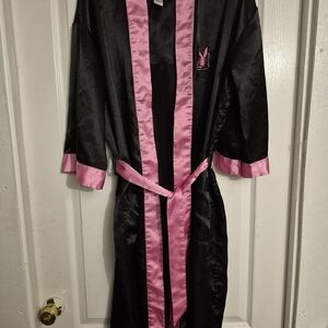 PLAYBOY Black Satin Robe with Pink Trim